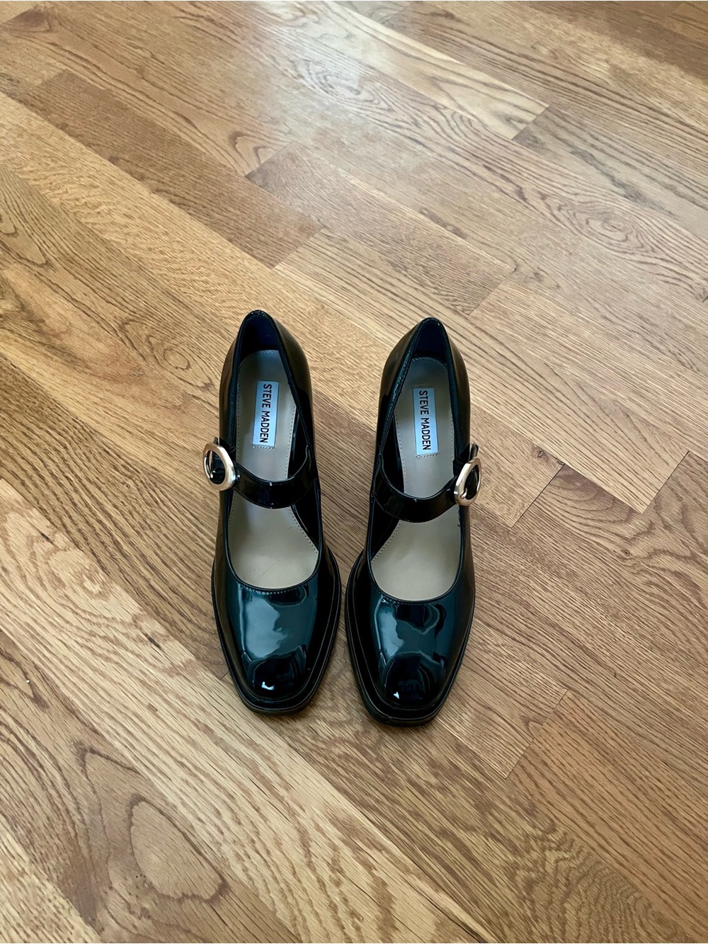 Steve Madden Black Patent Mary Jane Pumps with Gold Buckle